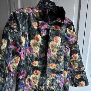 NWT Tuckernuck Blouse Midnight Primrose Black Multi With Bow Tie & Ruffle SMALL